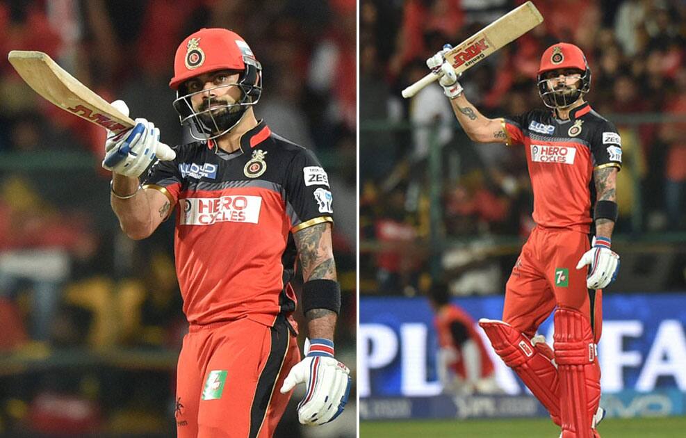 Royal Challengers Bangalores Virat Kohli celebrates his fifty runs during an IPL match against Kings XI Punjab at Chinnaswamy Stadium in Bengaluru.
