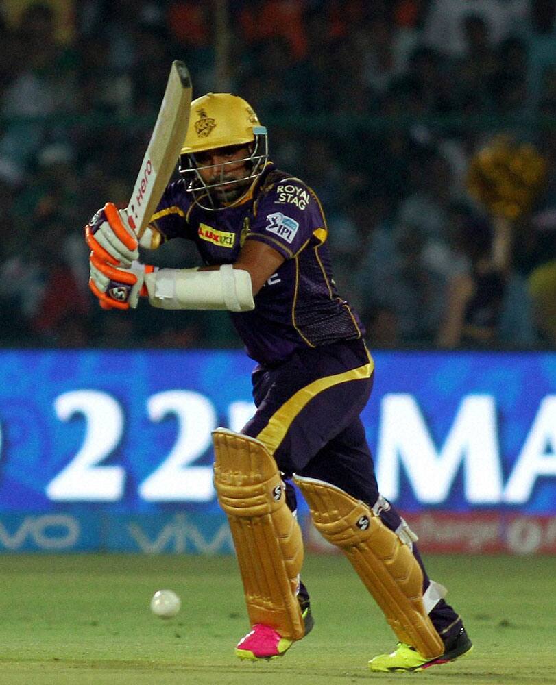 Kolkata Knight Riders Robin Uttapa plays a shot during an IPL 2016 match against Gujarat Lions at Green Park Stadium in Kanpur.