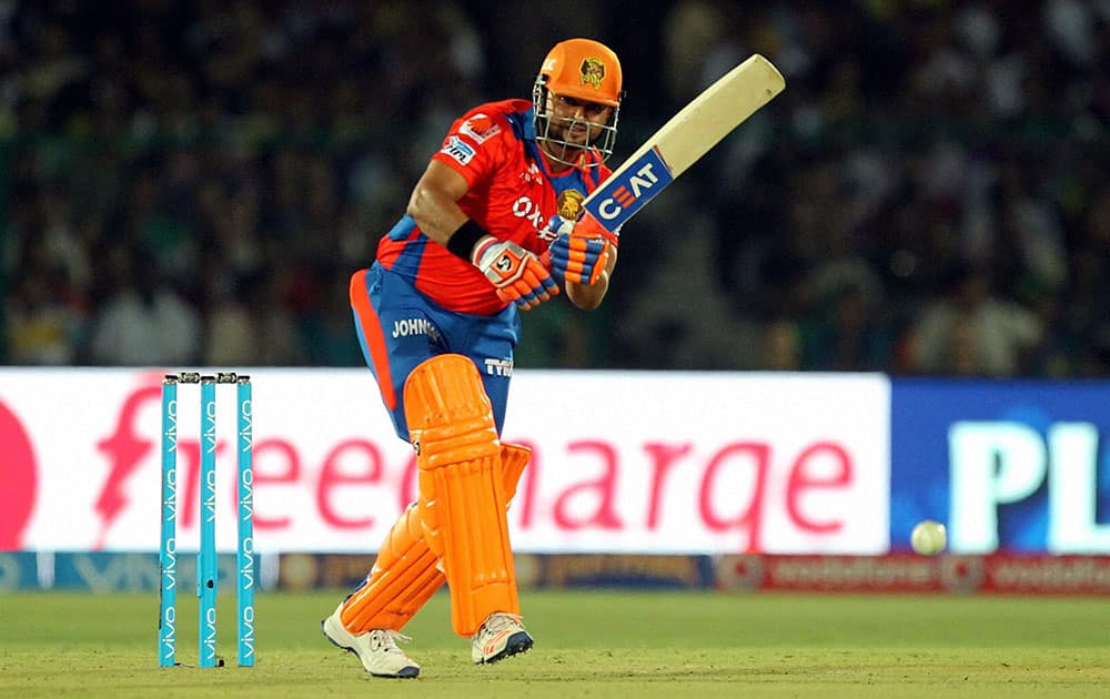 Suresh Raina captain of Gujrat Lions plays a shot during IPL 2016 match against Kolkata Knight Riders at Green Park, stadium in Kanpur.