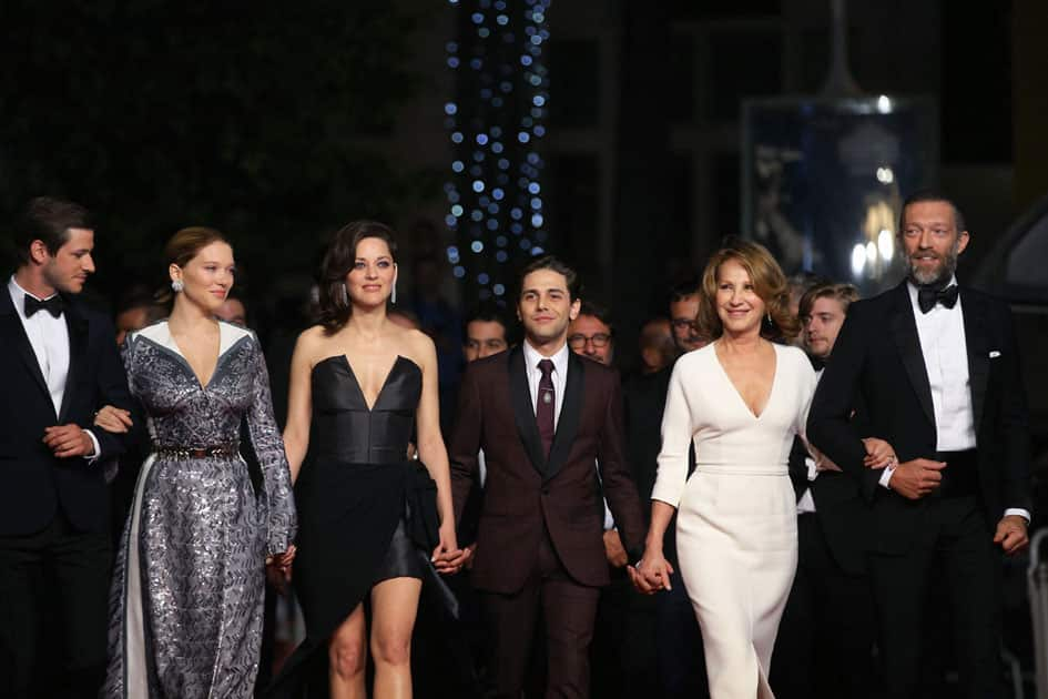 Actors Gaspard Ulliel, Lea Seydoux, Marion Cotillard, director Xavier Dolan, Nathalie Baye and Vincent Cassel, from left pose for photographers.