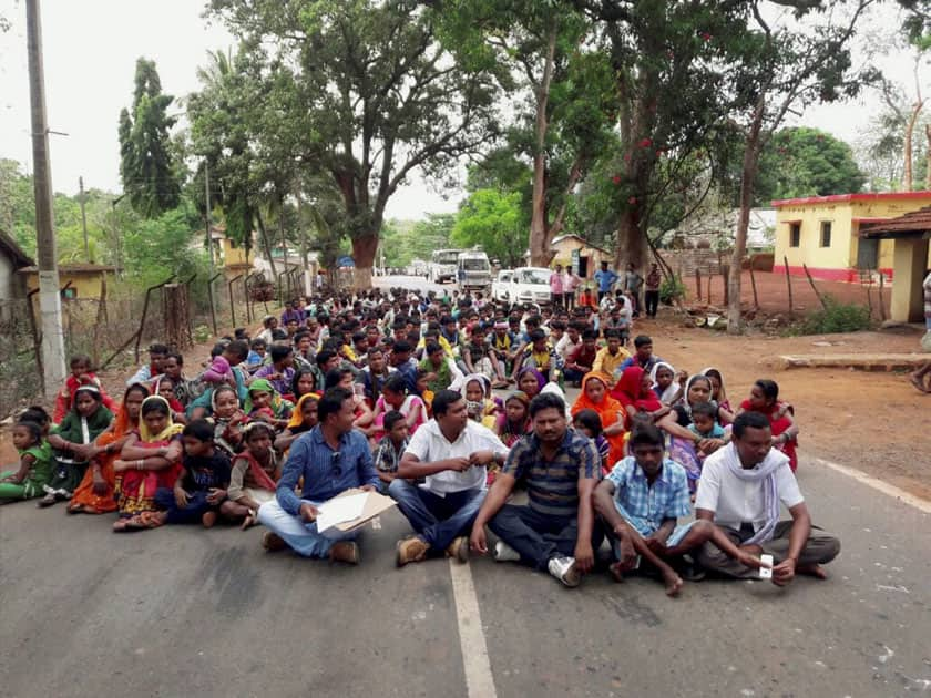 Villagers holding a protest on NH 30 against JNU professors who have been allegedly motivating local people to support Naxals, in Jagdalpur.
