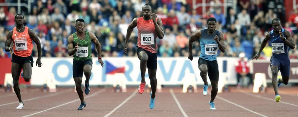 Jamaicas sprinter Usain Bolt, center, competes during the mens 100 meters event at the Golden Spike athletic meeting in Ostrava, Czech Republic.
