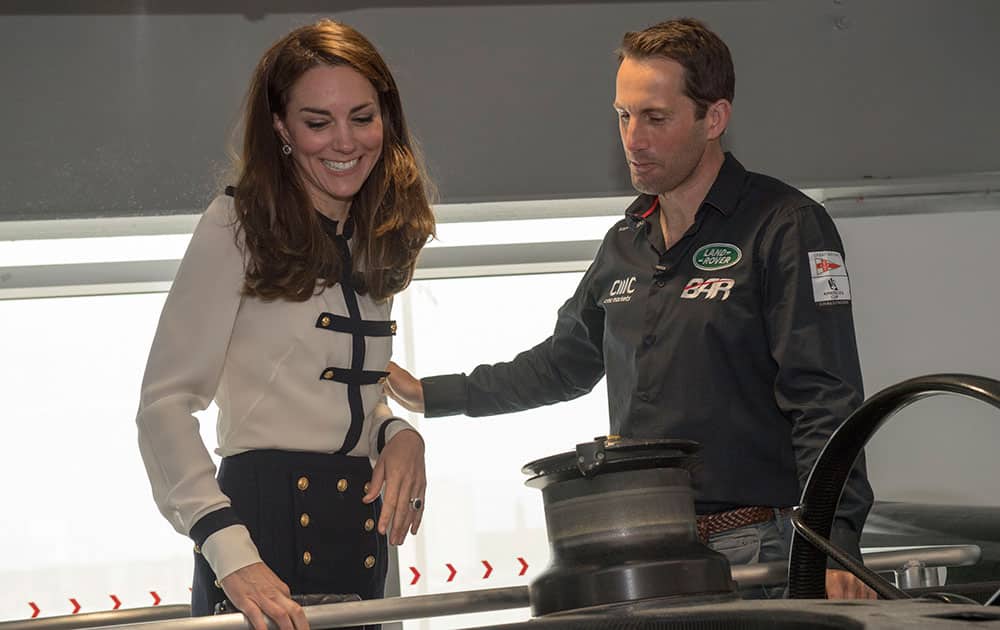 Britain's Kate The Duchess of Cambridge meets with Ben Ainslie in Portsmouth, England, before they join the Land Rover BAR team aboard their training boat.
