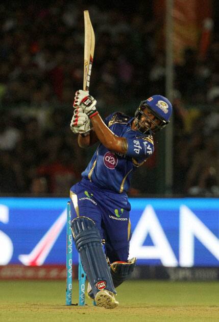 Mumbai Indians batsman Nitish Rana plays a shot during an IPL match against Gujarat Lions at Green Park in Kanpur.
