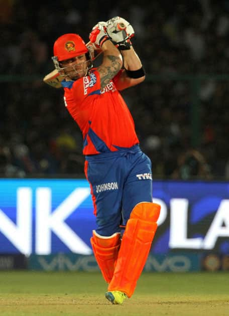 Gujarat Lions player Brendon McCullum plays a shot during an IPL match against Mumbai Indians at Green Park in Kanpur.