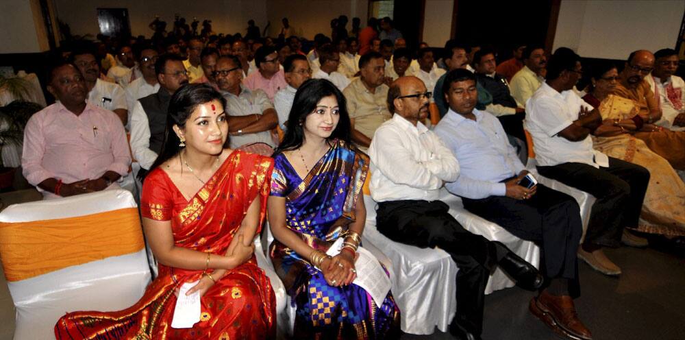 BJP winning candidates in Assam State Assembly election 2016 during party MLAs meeting before meeting governor of Assam in Guwahati.