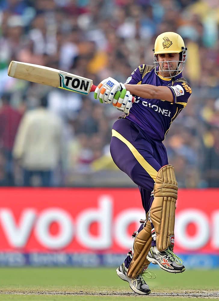 KKR batsman Gautam Gambhir plays a shot during IPL Match against SRH in Kolkata.