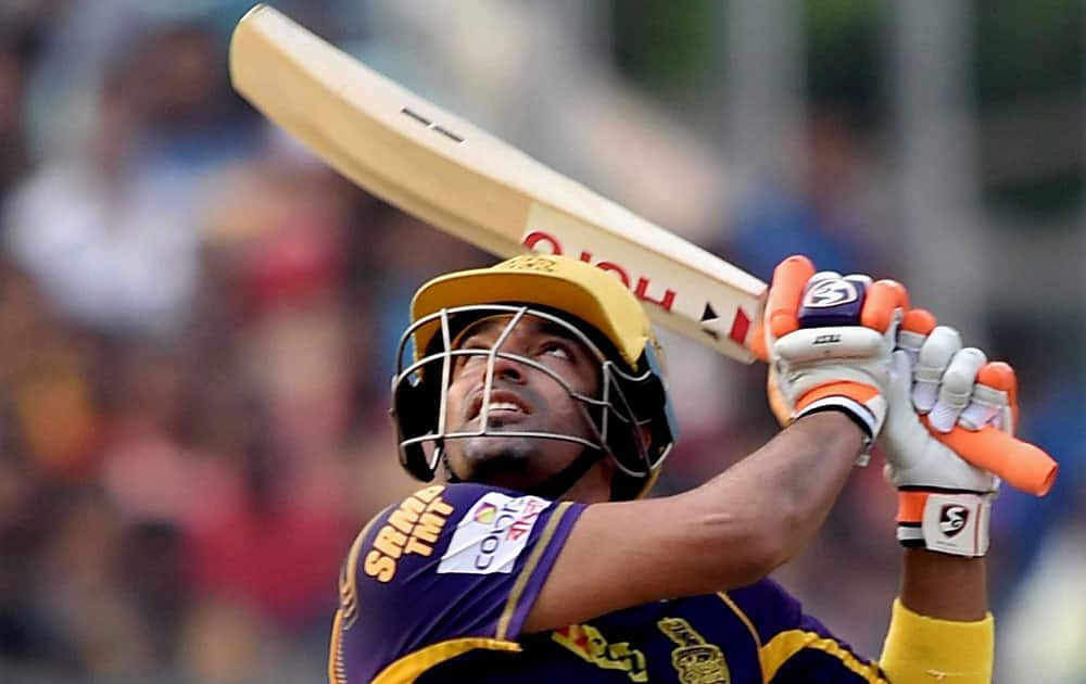 KKR batsman Robin Uthappa plays a shot during IPL Match against SRH in Kolkata.