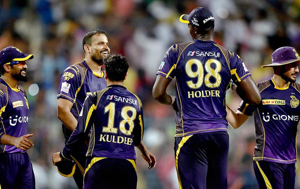 KKR Cricketers greets each other after they won IPL match against SRH in Kolkata.