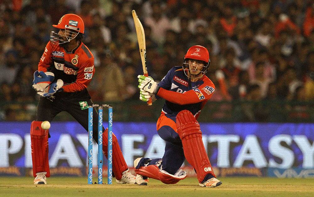 Delhi Daredevils player Quinton De Kock plays a shot during an IPL 2016 match against Royal Challengers Bangalore in Shaheed Veer Narayan Singh International Cricket Stadium, Naya Raipur, Chhattisgarh.