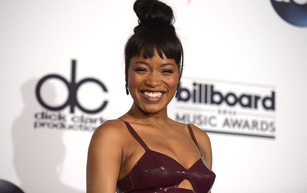 Keke Palmer poses in the press room at the Billboard Music Awards at the T-Mobile Arena.