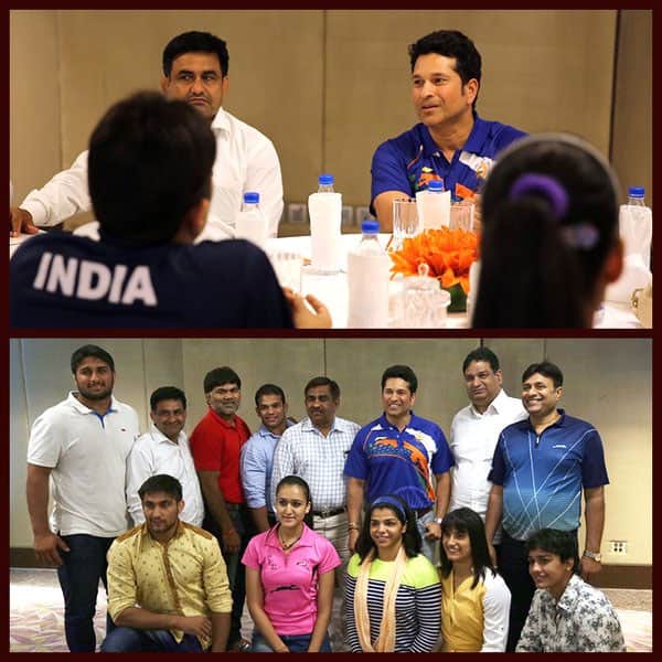 Goodwill ambassador of Rio olympics, Sachin Tendulkar with Indian athletes of Rio Olympics, 2016 in New Delhi.