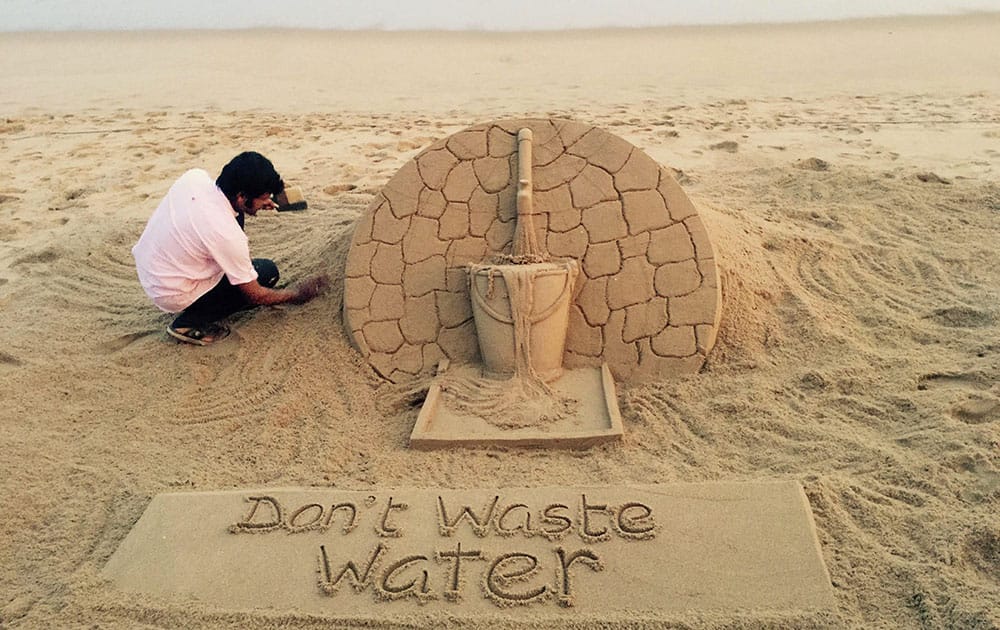 Renowned sand artist Sudarsan Pattnaik creates a sand art to aware people about water scarcity with message Dont waste water at Puri beach of Odisha.