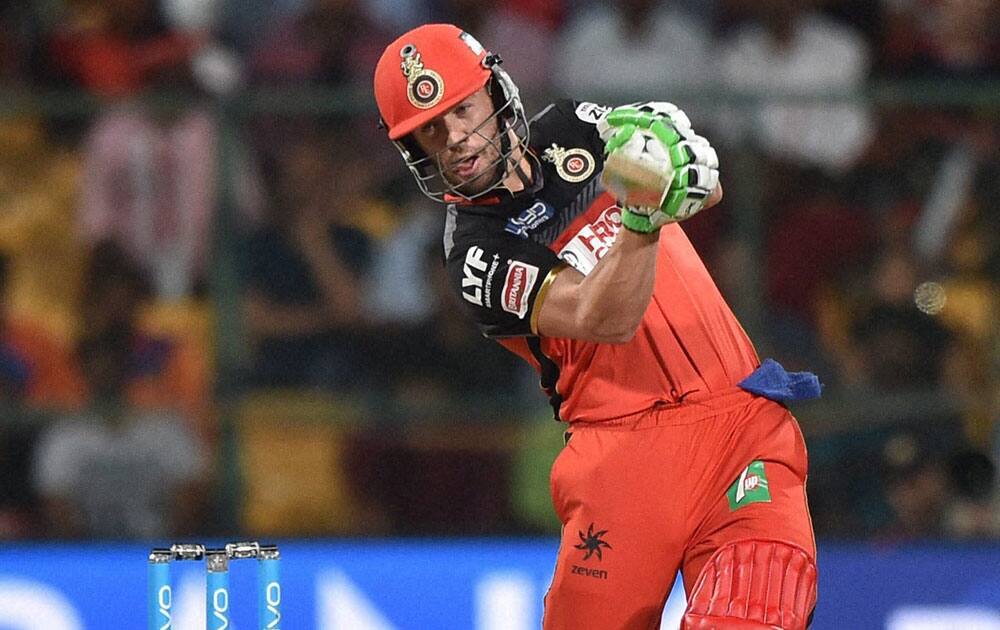 Royal Challengers Bangalores AB De Villiers plays a shot during the 1st qualifier IPL 2016 match against Gujarat Lions at Chinnaswamy Stadium in Bengaluru.