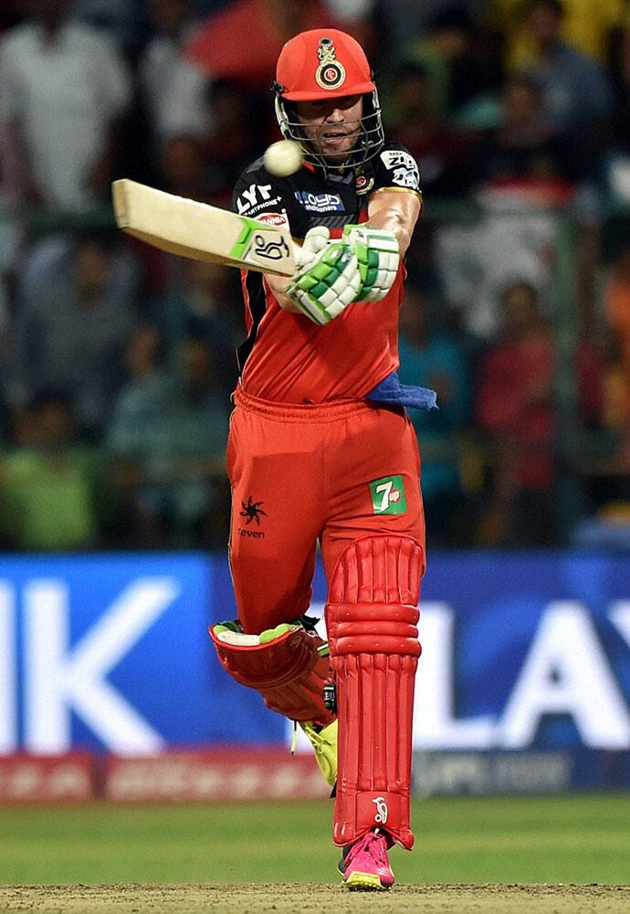 Royal Challengers Bangalores AB De Villiers plays a shot during the 1st qualifier IPL 2016 match against Gujarat Lions at Chinnaswamy Stadium in Bengaluru.