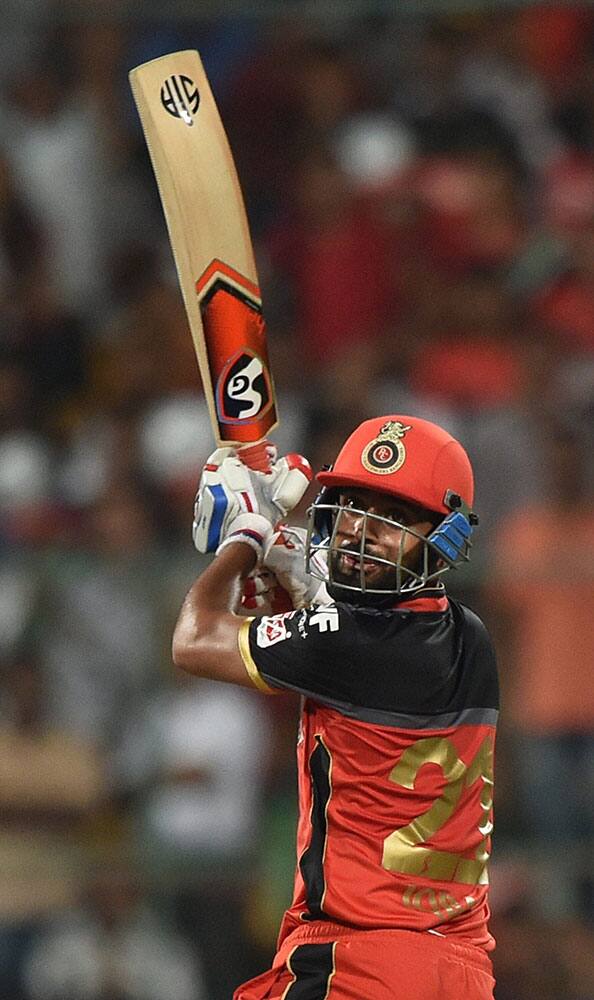 Royal Challengers Bangalores Iqbal Abdullah plays a shot during the 1st qualifier IPL 2016 match against Gujarat Lions at Chinnaswamy Stadium in Bengaluru.