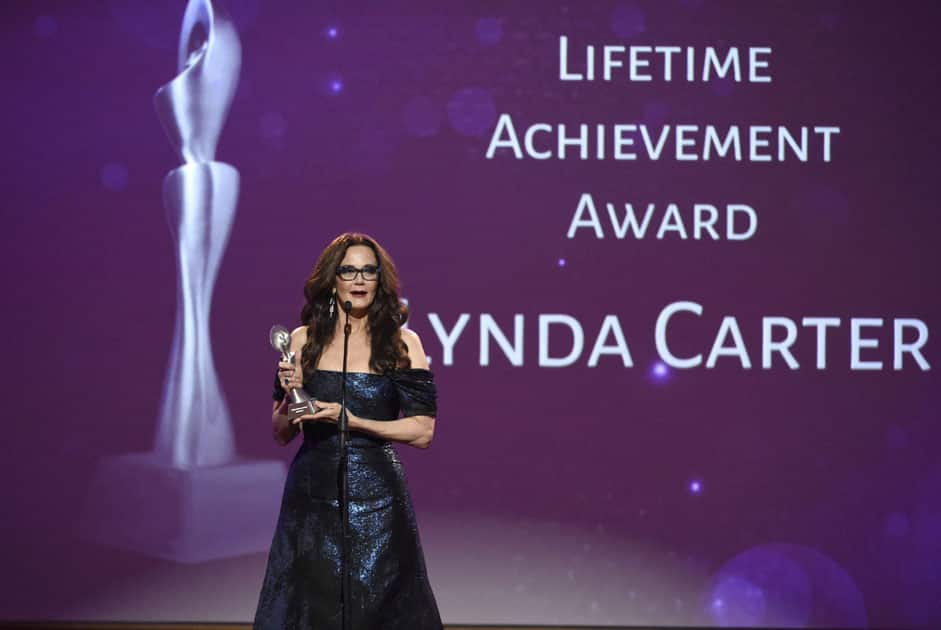 Lynda Carter accepts the lifetime achievement award at the 41st annual Gracie Awards Gala at the Beverly Wilshire Hotel.
