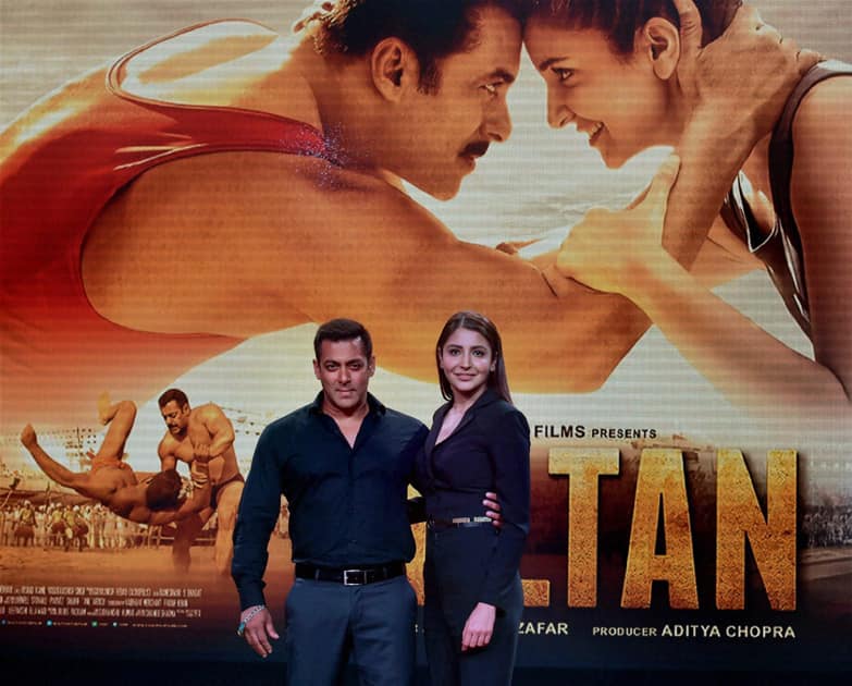 Bollywood actors Salman Khan and Anushka Sharma pose during the trailer launch of their new film Sultan in Mumbai.
