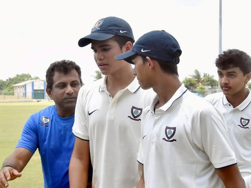 Sachin Tendulkars son Arjun Tendulkar during the Inter Zonal Tournament match between North Zone and West Zone, in Hubli.
