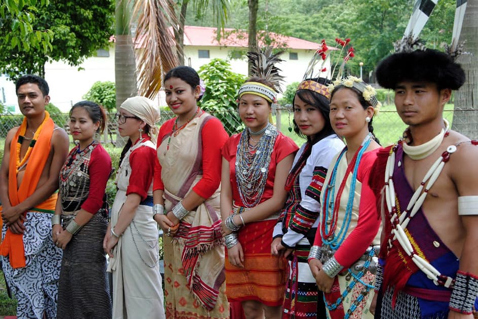 Youths dressed up in their traditional attire at the meeting of BJP MPs, MLAs and District Presidents at Shilpgram in Guwahati.