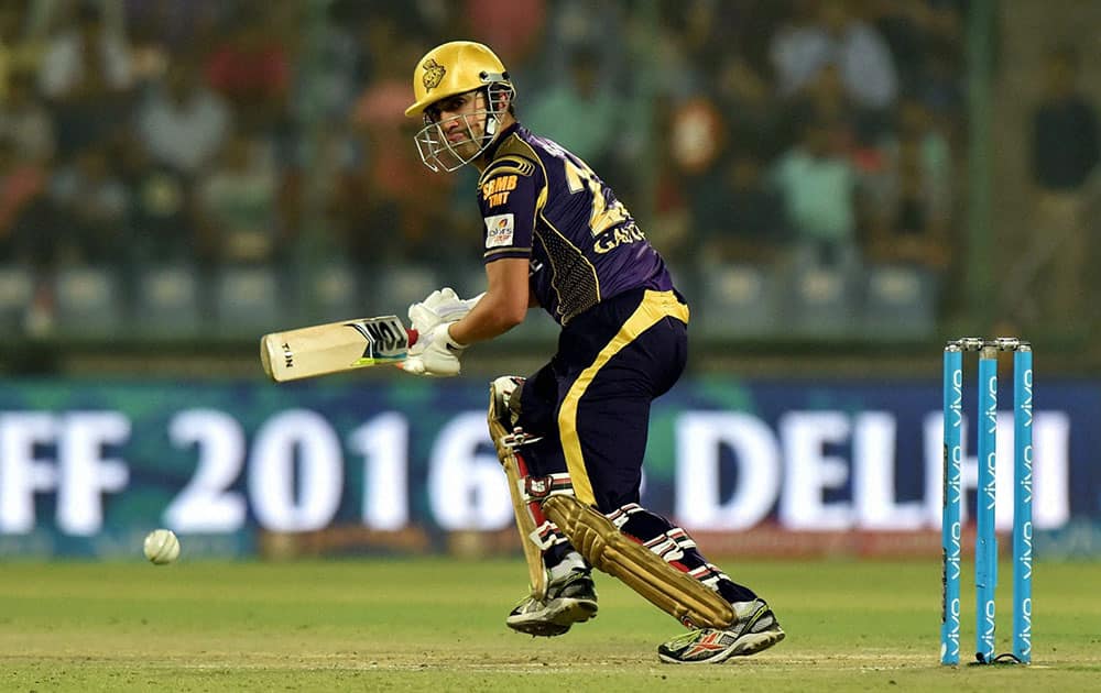 KKRs batsman Gautam Gambhir plays a shot against Sunrisers Hyderabad during the IPLT20 eliminator match at Feroz Shah Kotla in New Delhi.