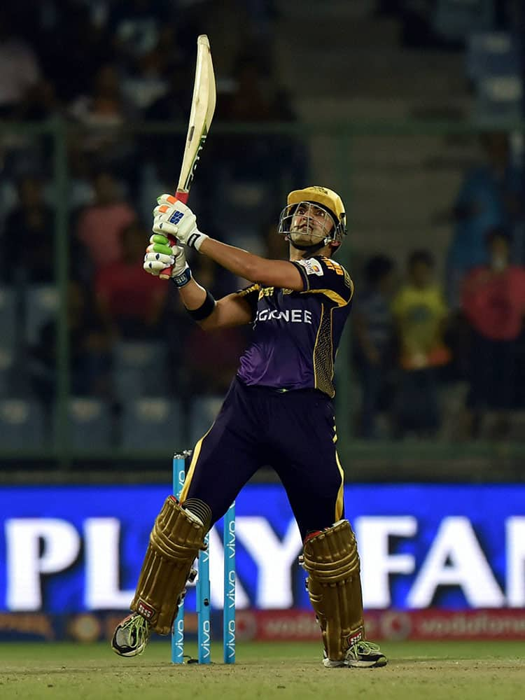 KKRs batsman Gautam Gambhir plays a shot against Sunrisers Hyderabad during the IPLT20 eliminator match at Feroz Shah Kotla in New Delhi.