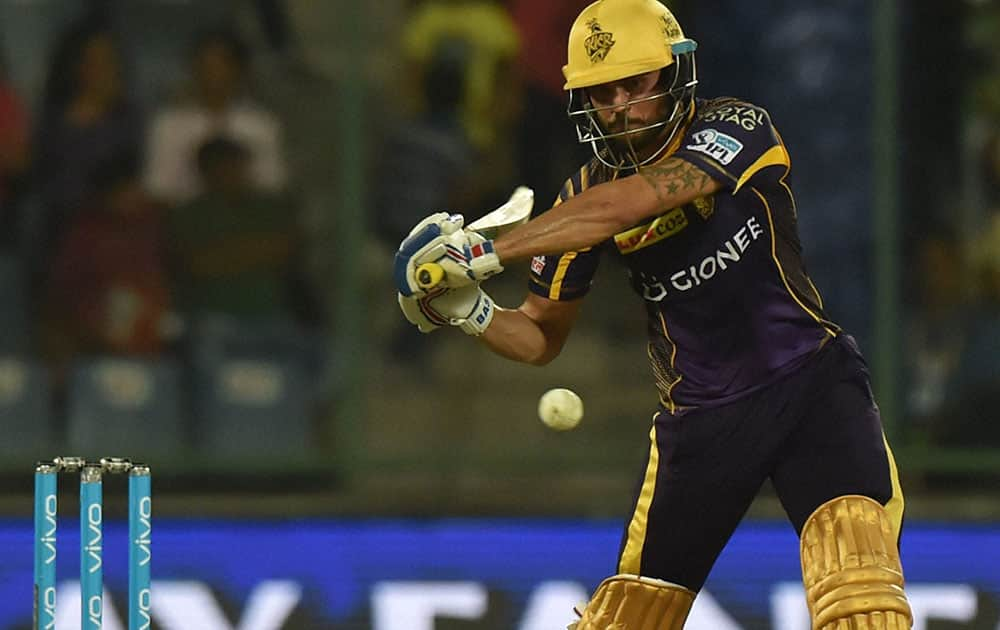 KKRs batsman Manish Pandey plays a shot against Sunrisers Hyderabad during the IPLT20 eliminator match at Feroz Shah Kotla in New Delhi.