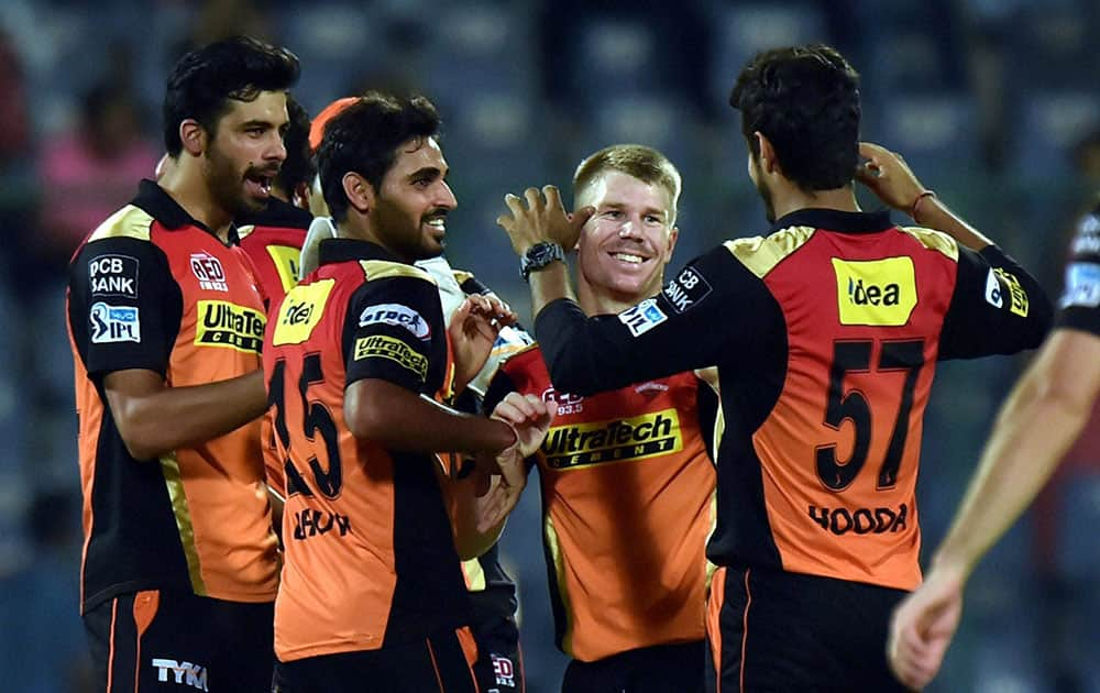 Sunrisers Hyderabad players celebrate after winning against KKR during an eliminator match of the IPL T20 at Ferozshah Kotla in New Delhi.