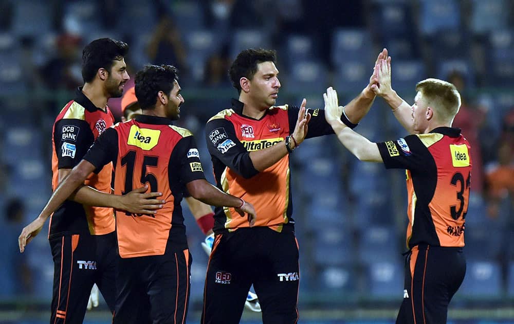 Sunrisers Hyderabad players celebrate after winning against KKR during an eliminator match of the IPL T20 at Ferozshah Kotla in New Delhi.