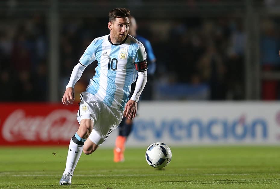 Argentina's Lionel Messi dominates the ball during a friendly soccer match against Honduras in San Juan, Argentina.