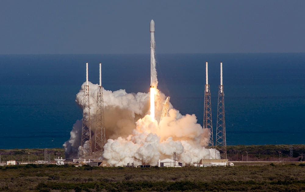 This image released by SpaceX, an unmanned Falcon rocket lifts off from from Cape Canaveral Air Force Station, in Cape Canaveral, Fla.