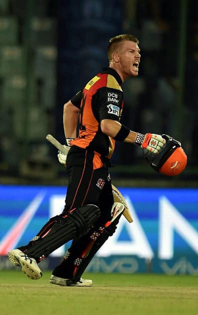 Sunrisers Hyderabad batsman David Warner celebrate after winning during an IPL T20 match against Gujarat Lions at Feroz Shah Kotla.