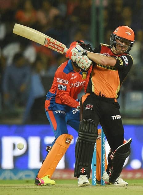 Sunrisers Hyderabad batsman David Warner plays a shot during an IPL T20 match against Gujarat Lions at Feroz Shah Kotla.