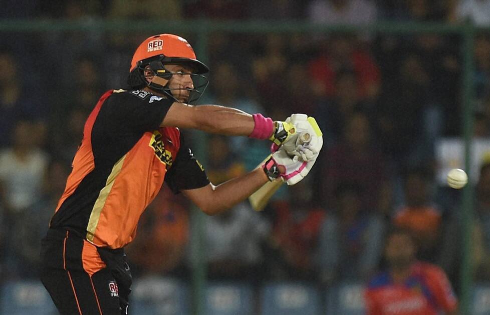 Sunrisers Hyderabad batsman Yuvraj Singh plays a shot during an IPL T20 match against Gujarat Lions at Feroz Shah Kotla.