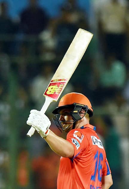 Gujarat Lions batsman Aaron Finch celebrates his fifty runs during an IPL T20 match against Sunrisers Hyderabad at Feroz Shah Kotla.