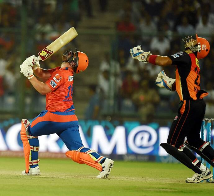 Gujarat Lions batsman Aaron Finch plays a shot during an IPL T20 match against Sunrisers Hyderabad at Feroz Shah Kotla.