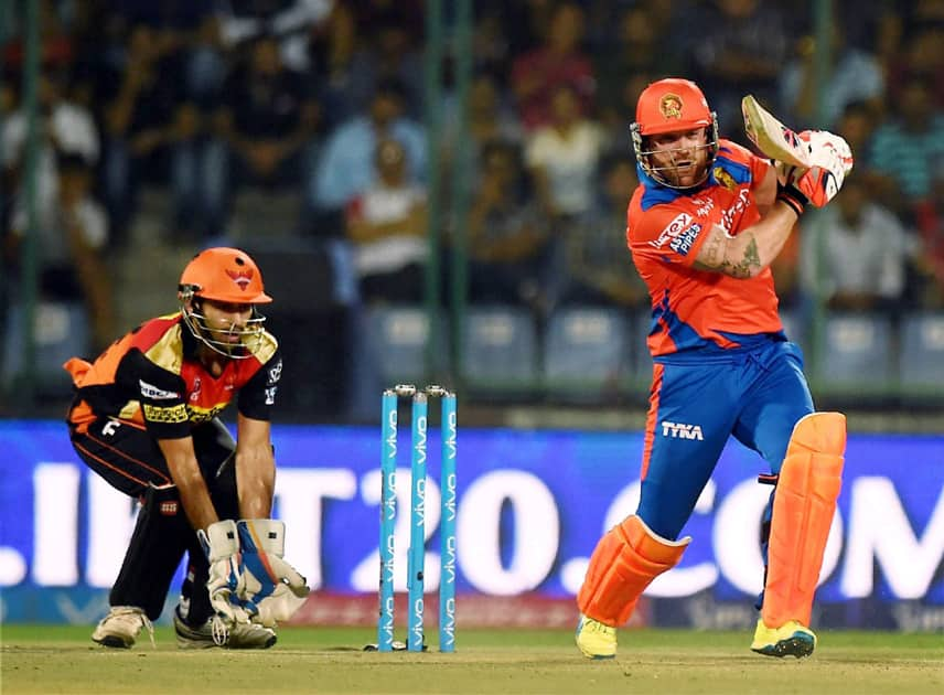 Gujarat Lions Brendum McCullam plays a shot during an IPLT20 match against Sunrisers Hyderabad at Feroz Shah Kotla.
