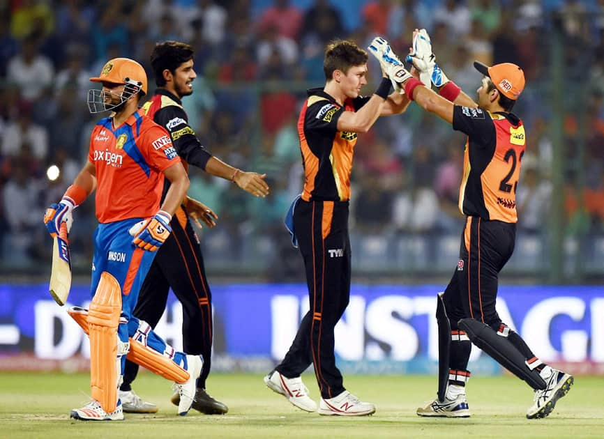 Sunrisers Hyderabad celebrate the dismissal of Gujarat Lions Captain Suresh Raina LBW by SH bowler Trent Boult during the IPLT20 eliminator match at Feroz Shah Kotla.