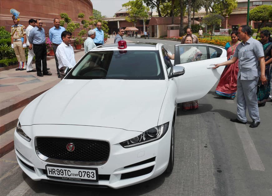 Lok Sabha Speaker Sumitra Mahajan with her new official Jaguar car at Parliament house.