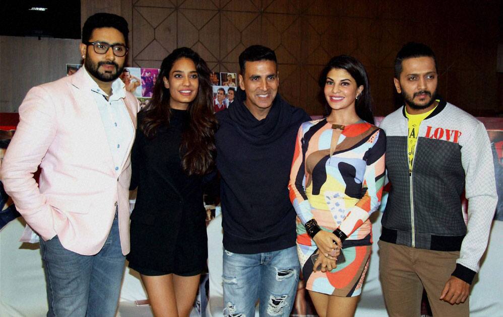 Bollywood actors Abhishek Bachchan, Lisa Haydon, Akshay Kumar, Jacqueline Fernandez and Riteish Deshmukh during promotion of the film Housefull 3, in Mumbai.