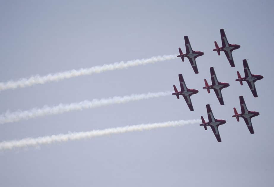 The Royal Canadian Air Force Snowbirds demonstration team flies in formation during the 13th Annual Bethpage Air Show, at Jones Beach in Wantagh.