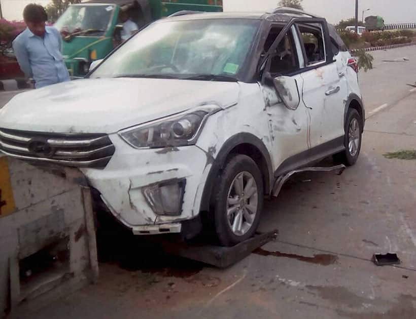 The car which met with an accident near Red Fort in New Delhi.