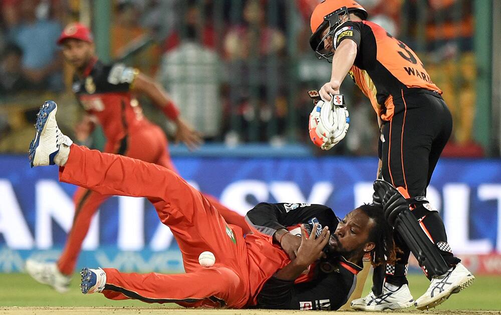 Sunrisers Hyderabad skipper David Warner looks on as RCBs Chris Gayle fields during the IPL 2016 Final match between Royal Challengers Bangalore and Sunrisers Hyderabad at Chinnaswamy Stadium in Bengaluru.