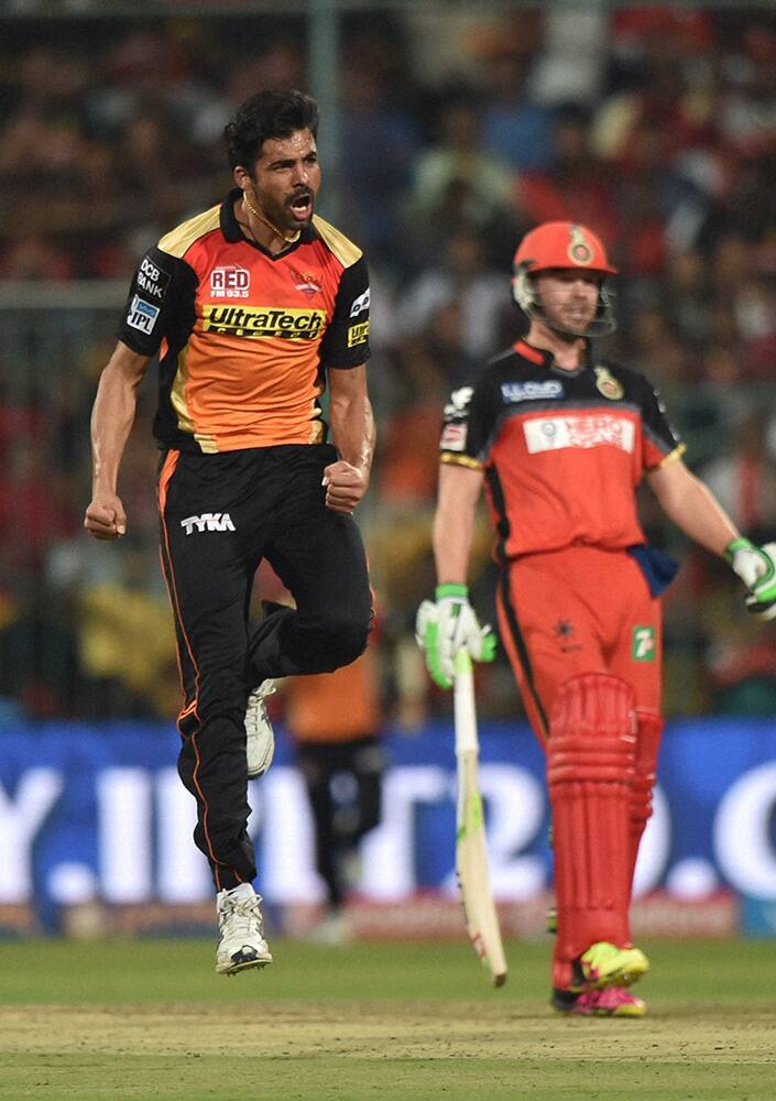 Sunrisers Hyderabad Barinder Sran celebrates the wicket of Virat Kohli during the IPL 2016 Final match between Royal Challengers Bangalore and Sunrisers Hyderabad at Chinnaswamy Stadium in Bengaluru.