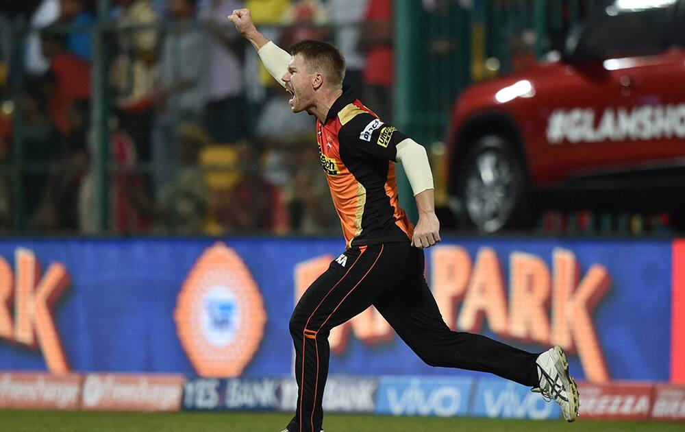 Sunrisers Hyderabad Skipper David Warner celebrates after winning the IPL 2016 Final match against Royal Challengers Bangalore at Chinnaswamy Stadium in Bengaluru.