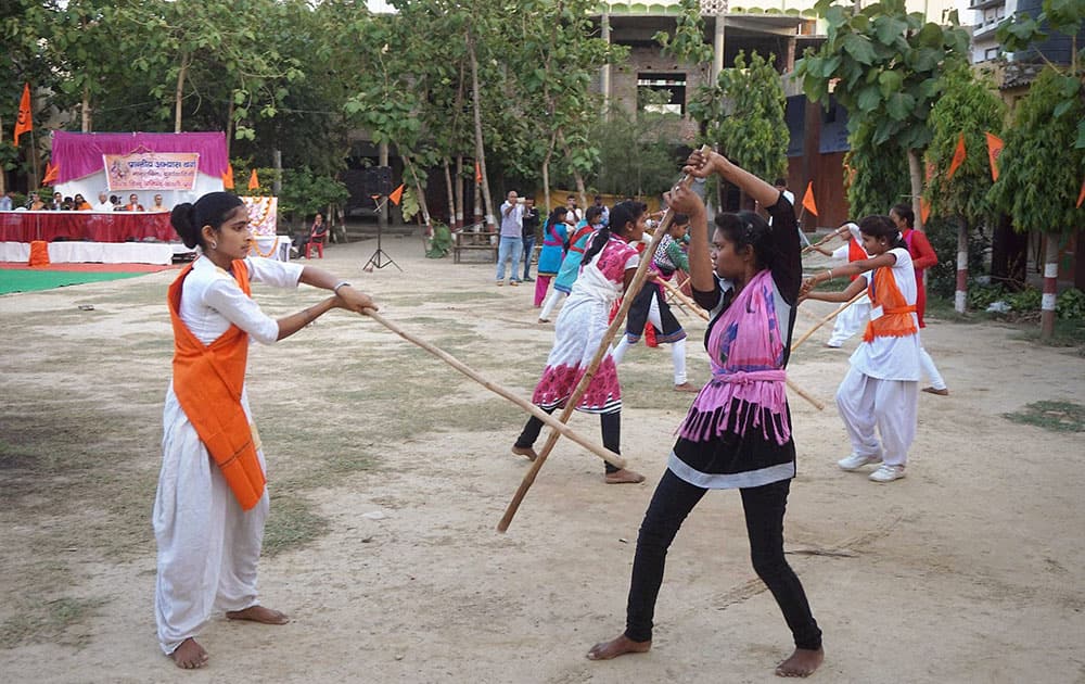 Activists of Durga Vahini wing of VHP at a training camp in Varanasi.