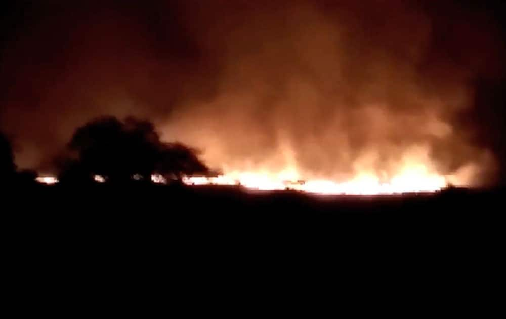 A huge fire is seen at the Pulgaon ammunition depot in Pulgaon, Maharastra.