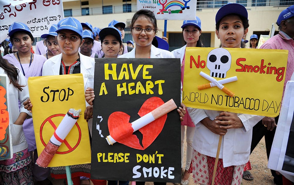 Students take part in a rally to mark the World No-Tobacco day in Bengaluru.