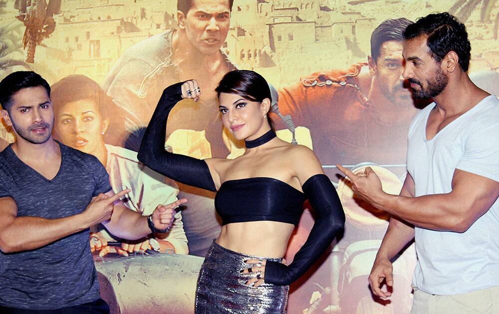 Bollywood actors John Abraham, Varun Dhawan and Jacqueline Fernandez during the trailer launch of upcoming Hindi film ‘Dishoom’ in Mumbai.
