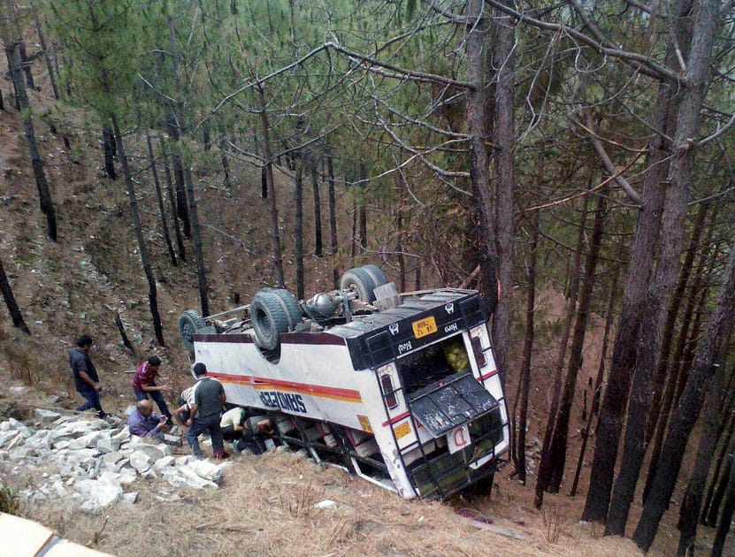 The ill-fated passenger bus which fell into a gorge near Bedikhal in Pauri.